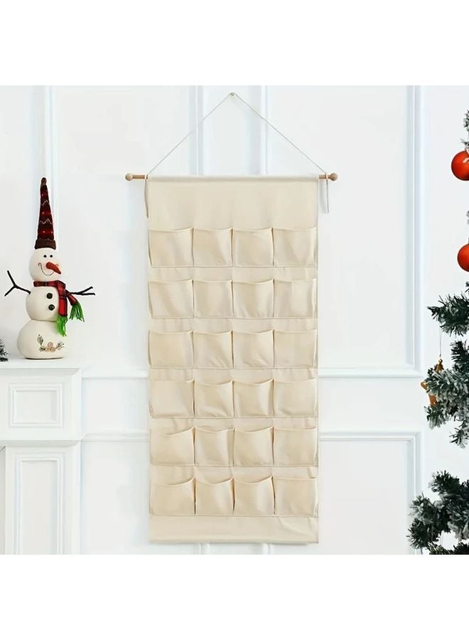 Beige Christmas Advent Calendar Wall Hanging Fabric 24 Pockets Countdown Decor - Image 1
